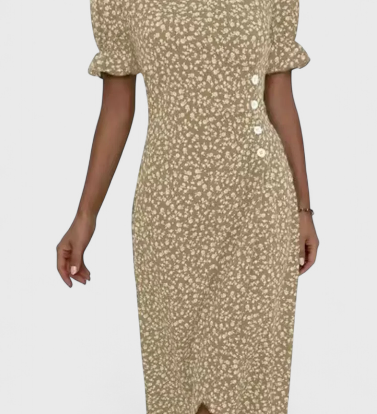 Joana Floral Midi Dress with V-Neck and Short Sleeves