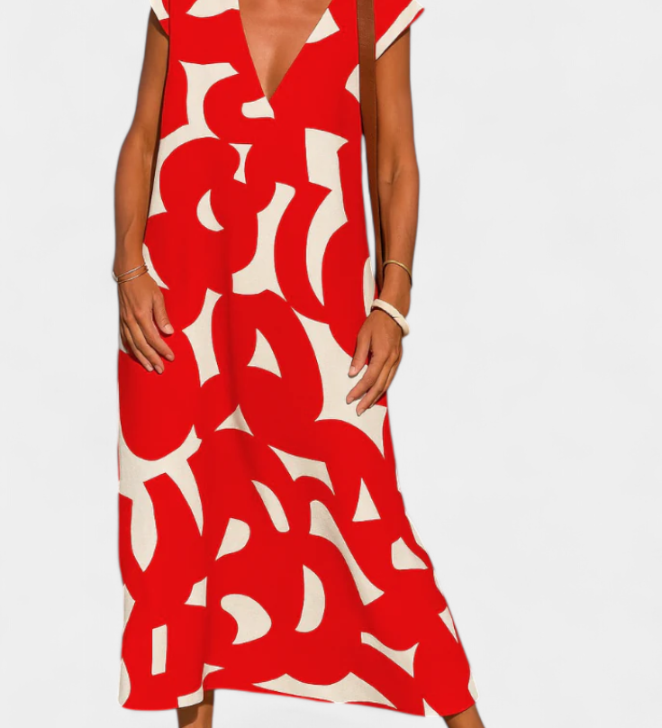 Asela Casual Dress with V-Neck and Mixed Print
