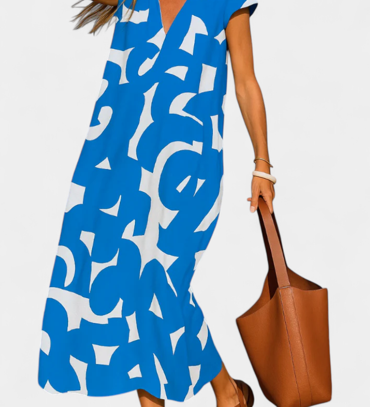Asela Casual Dress with V-Neck and Mixed Print