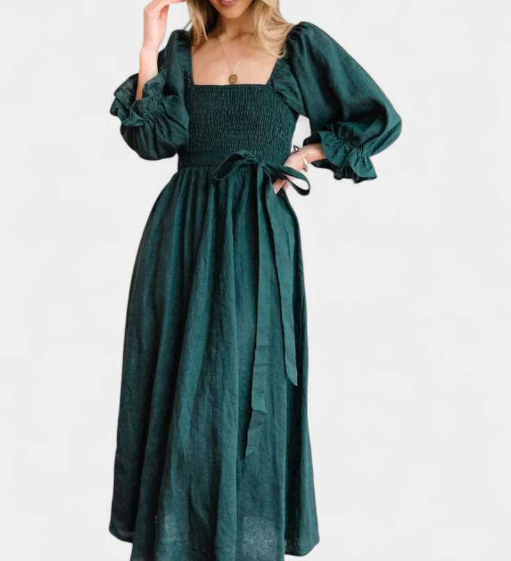 Petra Two-Tier Dress with Ruched Bodice and Puff Sleeves
