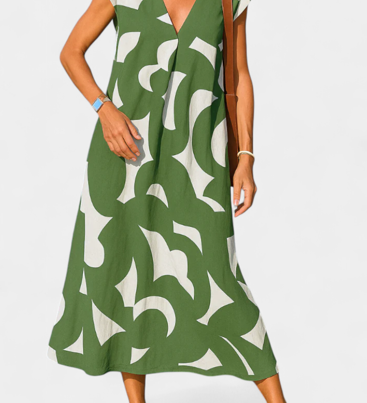 Asela Casual Dress with V-Neck and Mixed Print
