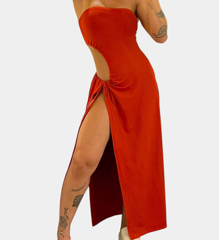 Teuta Strapless Dress with Side Bow and High Split