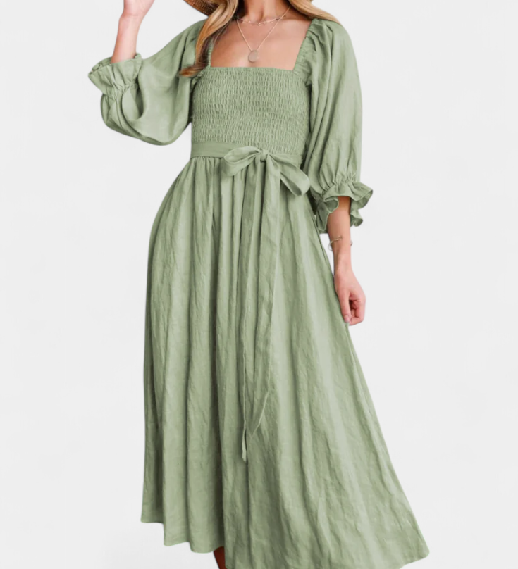 Petra Two-Tier Dress with Ruched Bodice and Puff Sleeves