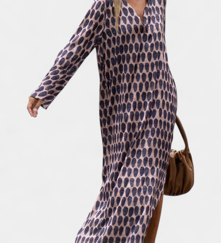 Long Geometric Breeze Dress with Side Split and V-Neck