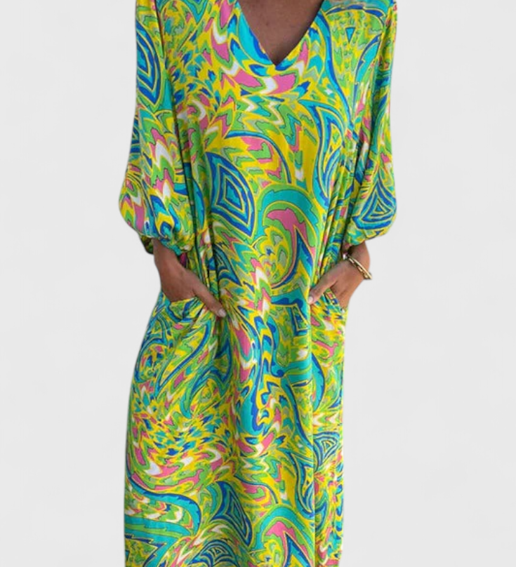 Carmina Bohemian Maxi Dress with V-Neck and Abstract Print