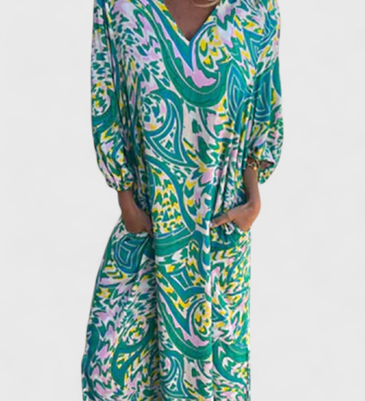 Carmina Bohemian Maxi Dress with V-Neck and Abstract Print