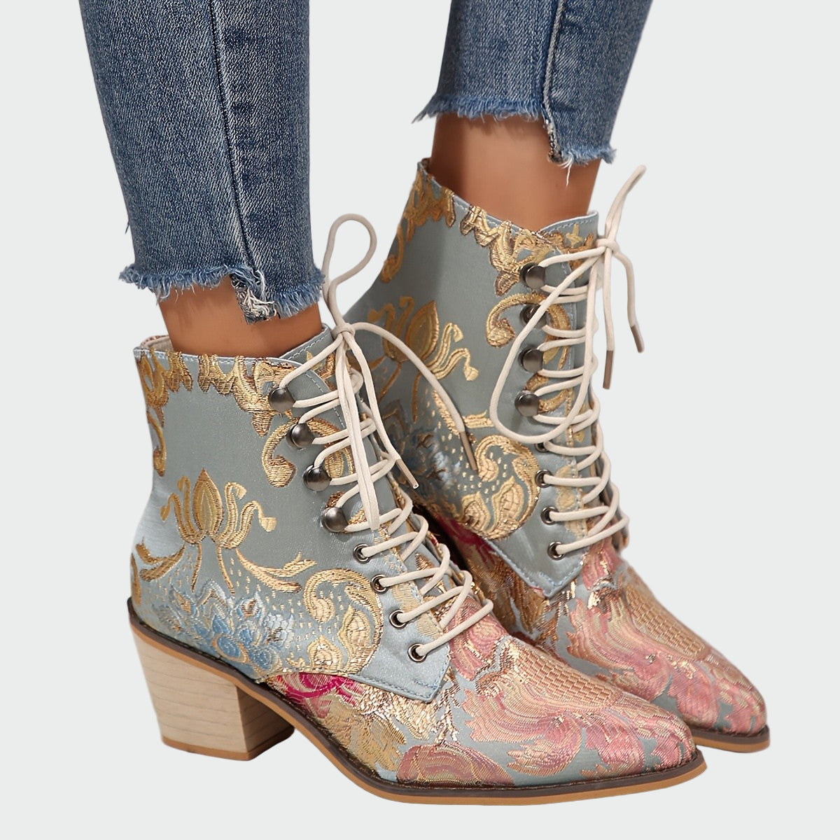 Sandra | Leather Ankle Boots with Radiant Elegant Flowers