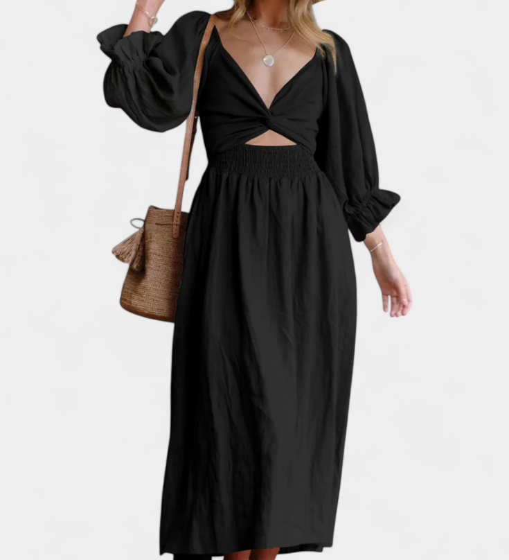 Petra Two-Tier Dress with Ruched Bodice and Puff Sleeves