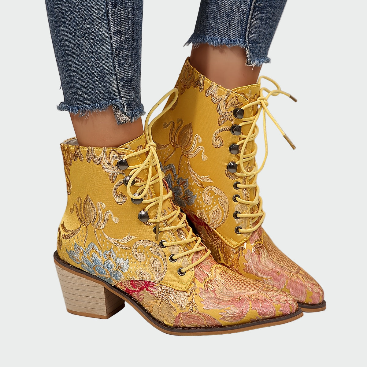 Sandra | Leather Ankle Boots with Radiant Elegant Flowers