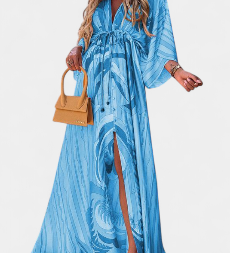 Joelle Rainbow Maxi Dress with V-Neck and Batwing Sleeves