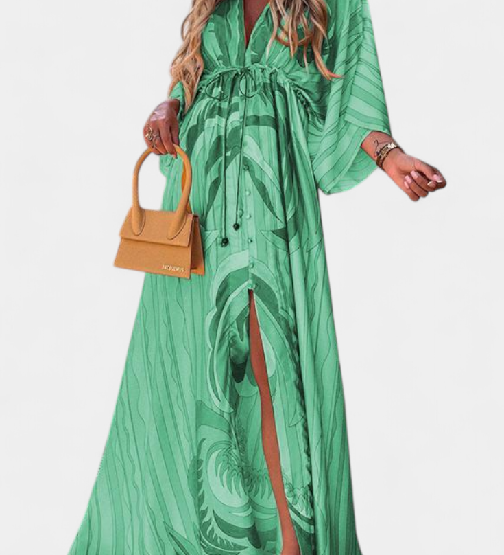 Joelle Rainbow Maxi Dress with V-Neck and Batwing Sleeves