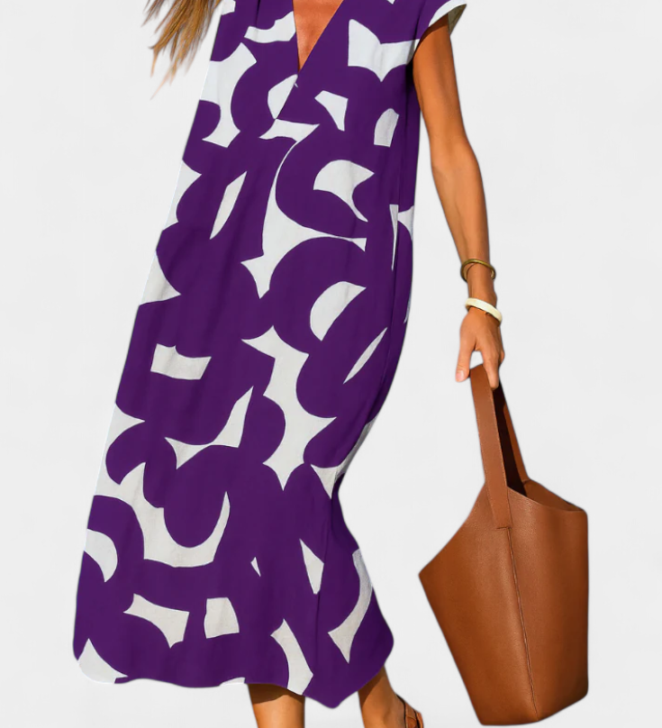 Asela Casual Dress with V-Neck and Mixed Print