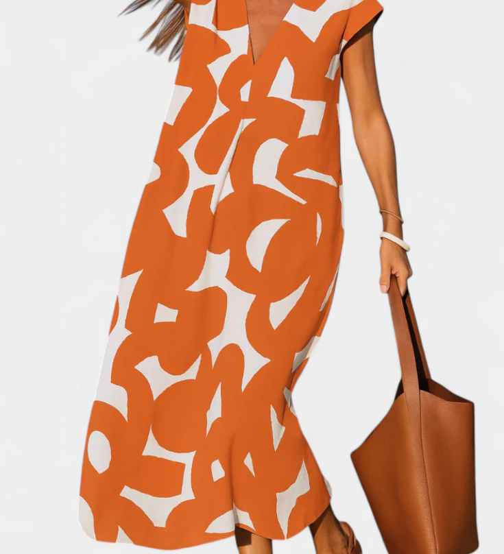 Asela Casual Dress with V-Neck and Mixed Print