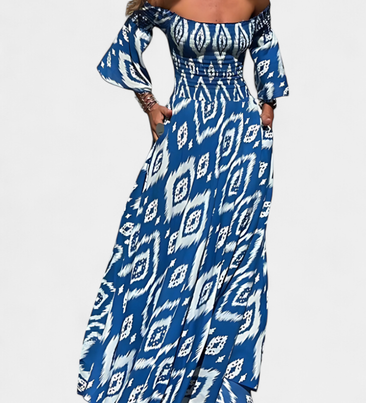 Floral Sea Dress with Off-Shoulder Sleeves