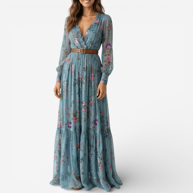 Lucía™ | Long Sleeve Maxi Dress with Belt