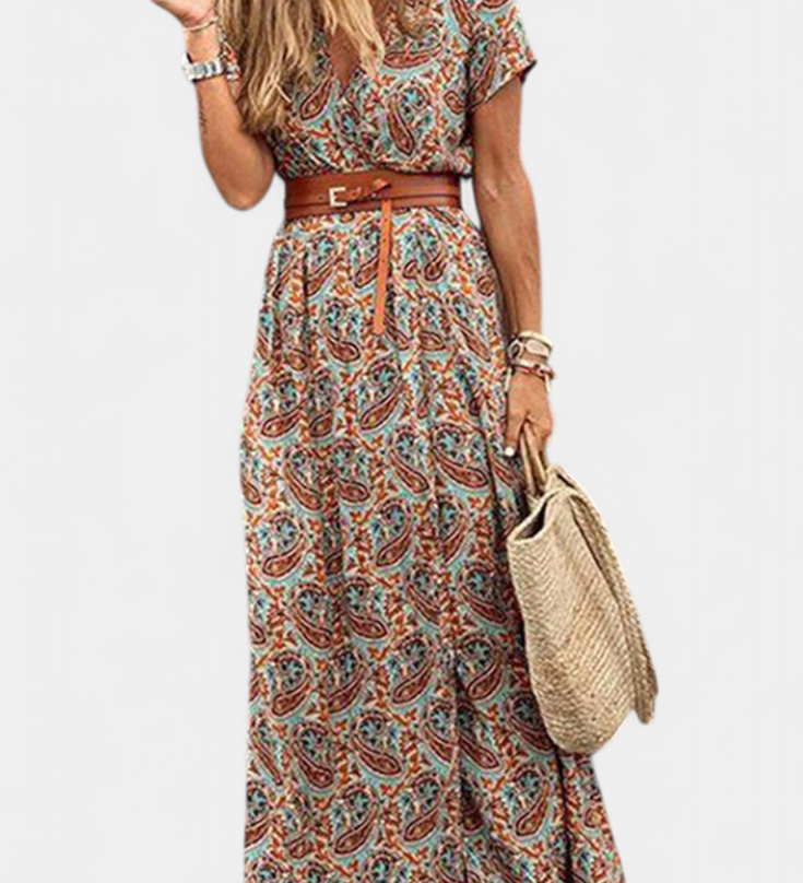 Anfisa Summer Boho Dress with Belt and V-Neck