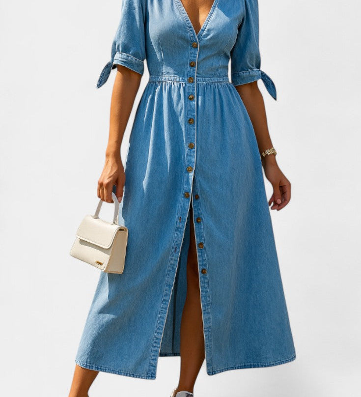 Adelina Denim Midi Dress with Buttons and V-Neck