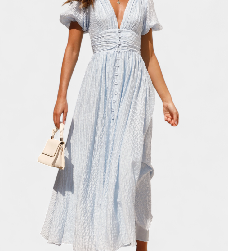 Mélia Maxi Dress with V-Neck and Puff Sleeves