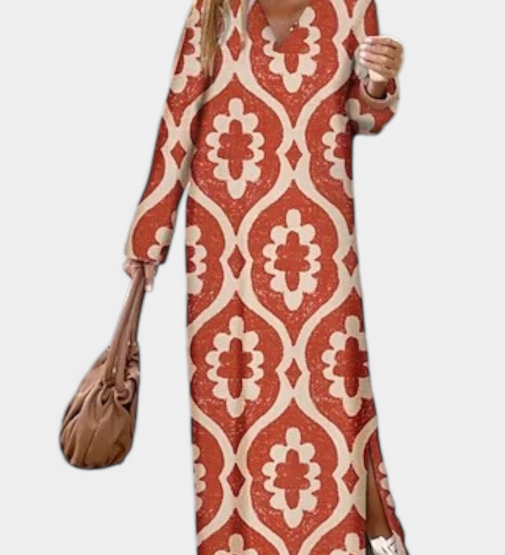 Long Geometric Breeze Dress with Side Split and V-Neck