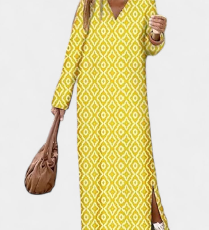 Long Geometric Breeze Dress with Side Split and V-Neck