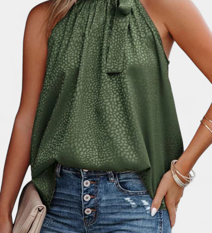 Adela Leopard Print Sleeveless Top with High Neck and Bow