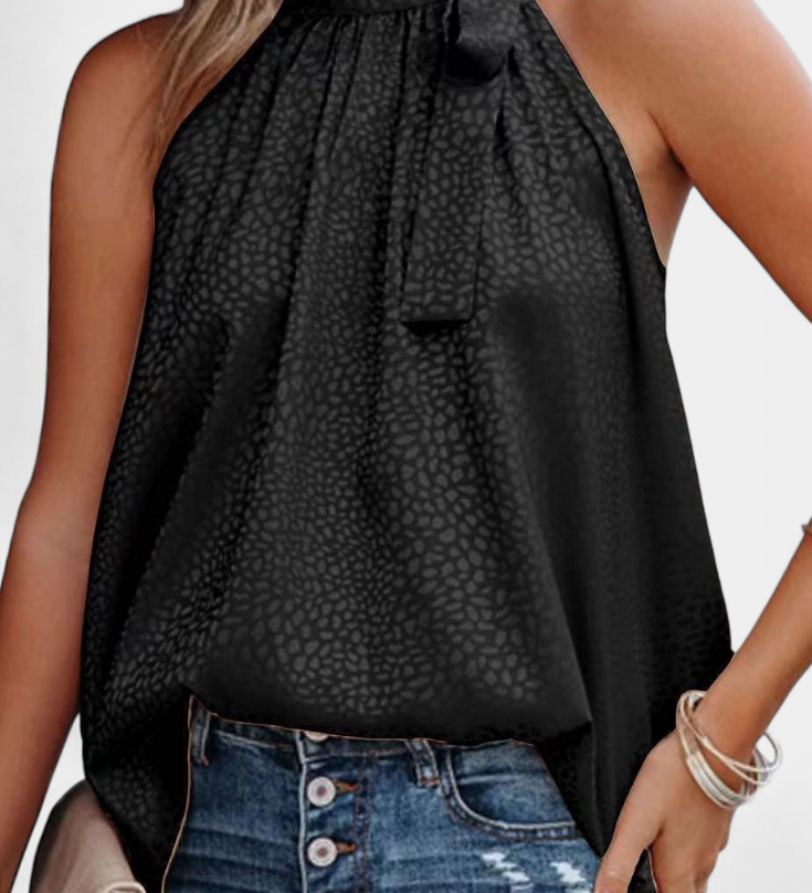 Adela Leopard Print Sleeveless Top with High Neck and Bow