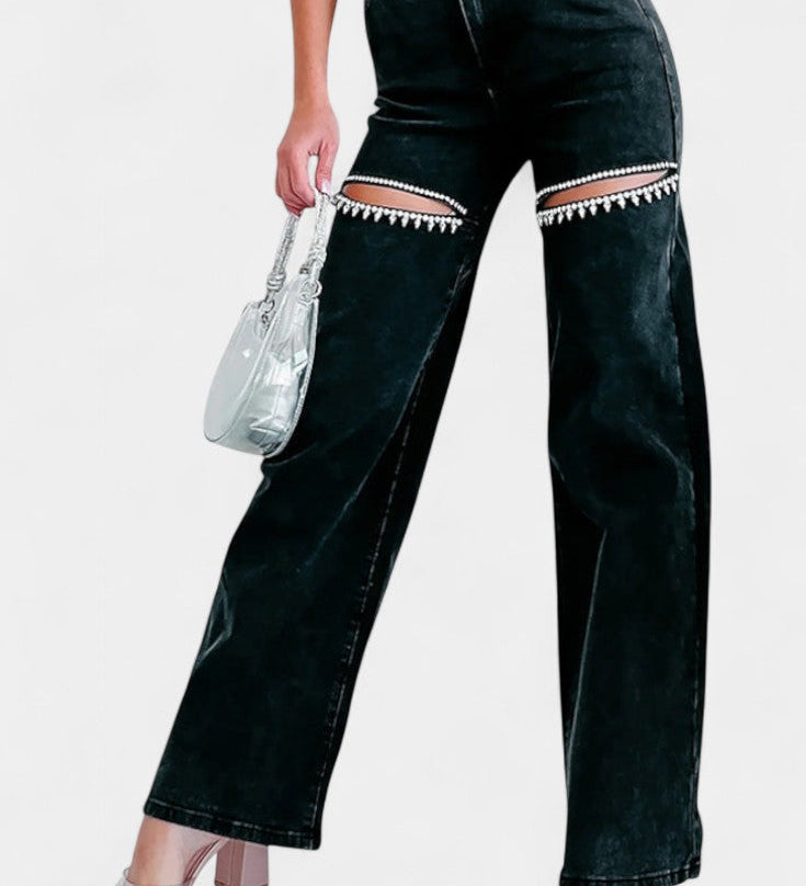Evian Ripped Straight-Leg Jeans with Rhinestones