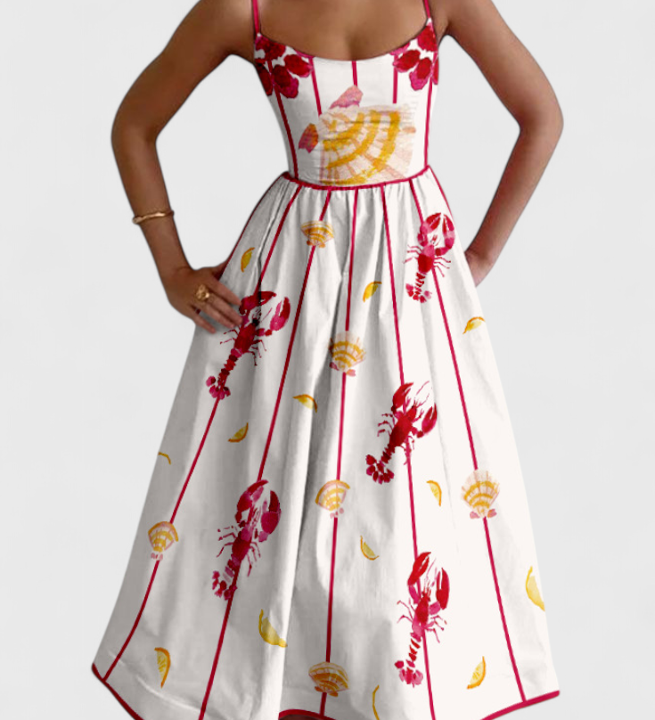 Maricela Vintage Dress with Straps and Sardine Print