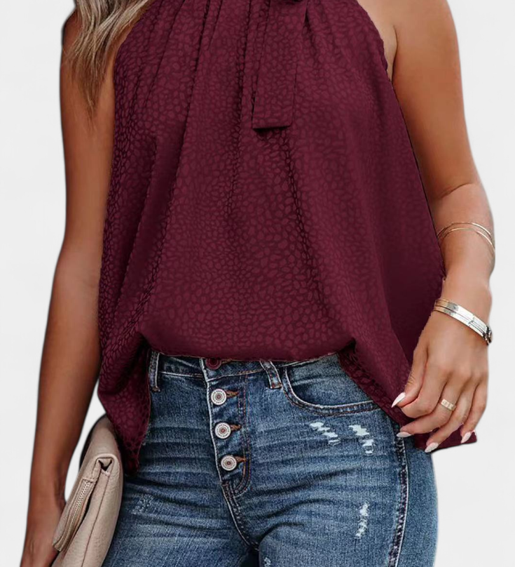 Adela Leopard Print Sleeveless Top with High Neck and Bow