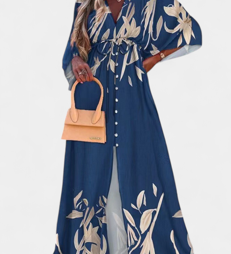 Joelle Rainbow Maxi Dress with V-Neck and Batwing Sleeves