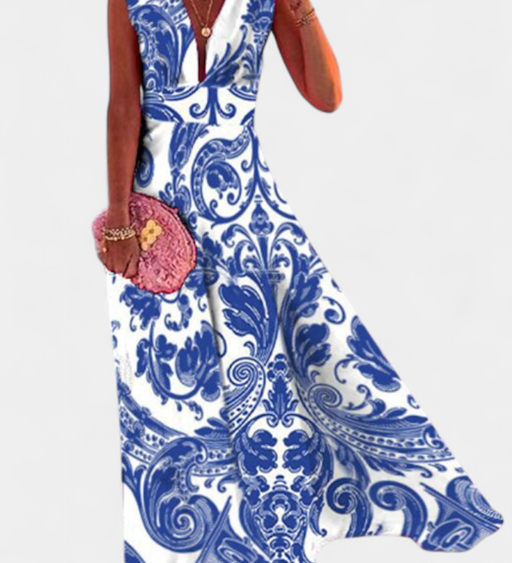 Salma A-Line Dress with Minimalist Print and V-Neck