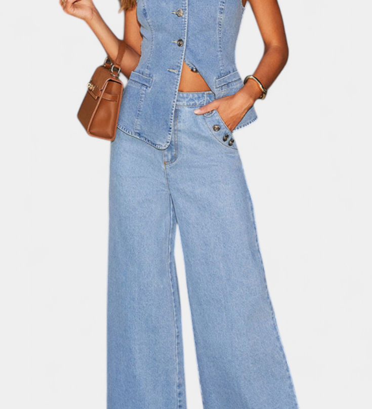 Ludovica Denim Set with Fitted Waistcoat and Wide-Leg Jeans