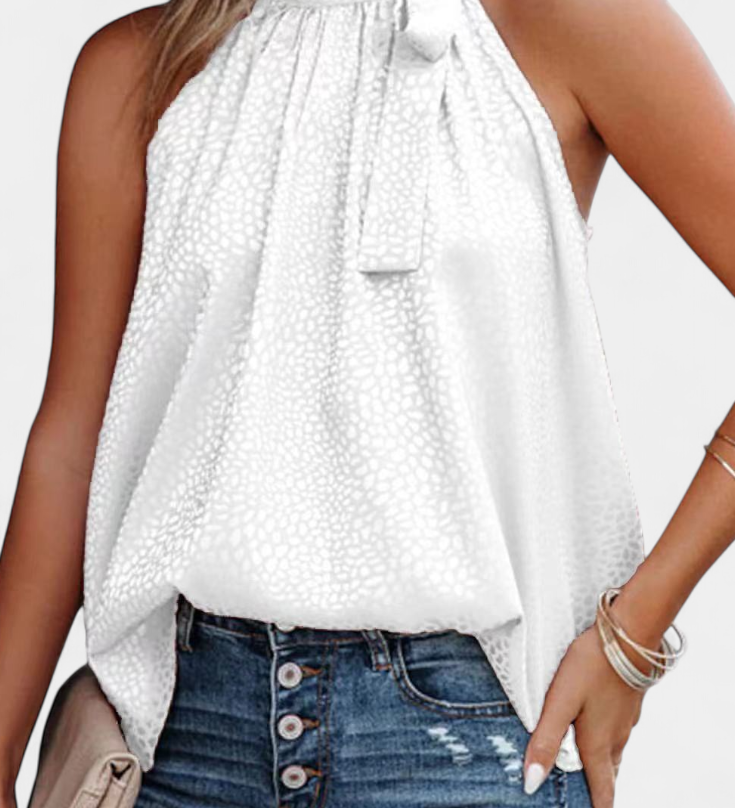 Adela Leopard Print Sleeveless Top with High Neck and Bow