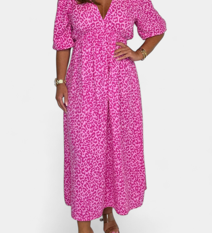 Ercilia Midi Dress with Vibrant Print and Puff Sleeves