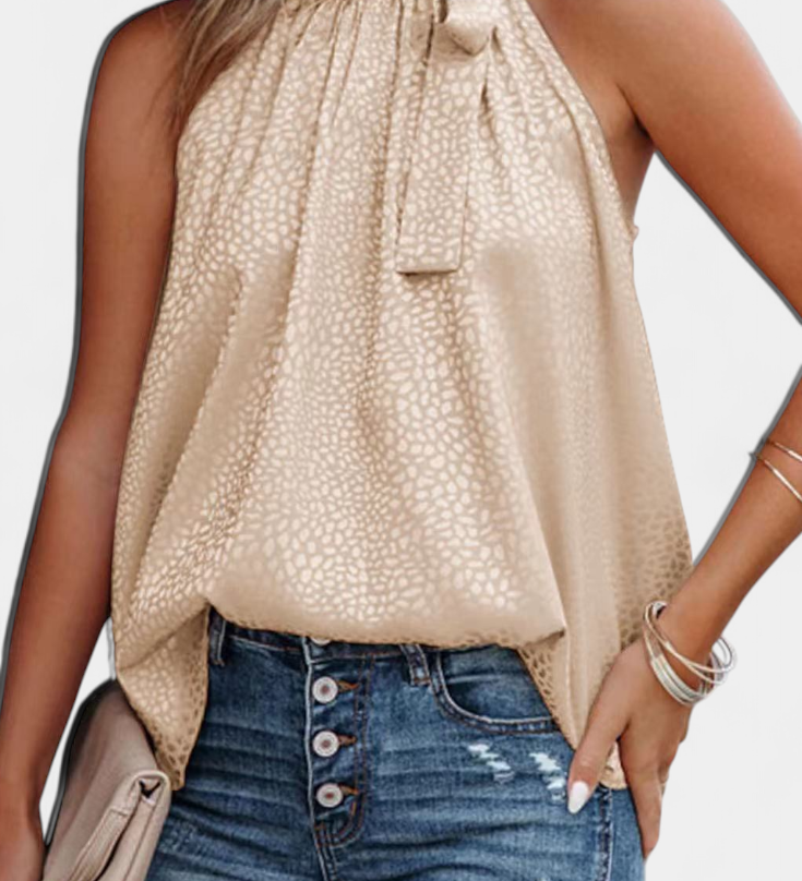 Adela Leopard Print Sleeveless Top with High Neck and Bow
