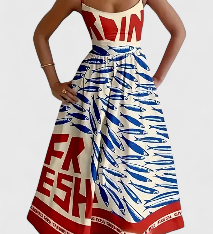 Maricela Vintage Dress with Straps and Sardine Print