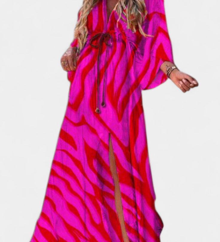 Joelle Rainbow Maxi Dress with V-Neck and Batwing Sleeves