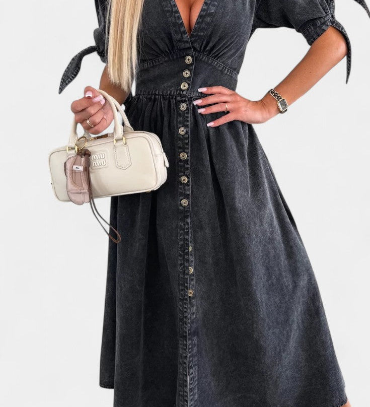 Adelina Denim Midi Dress with Buttons and V-Neck