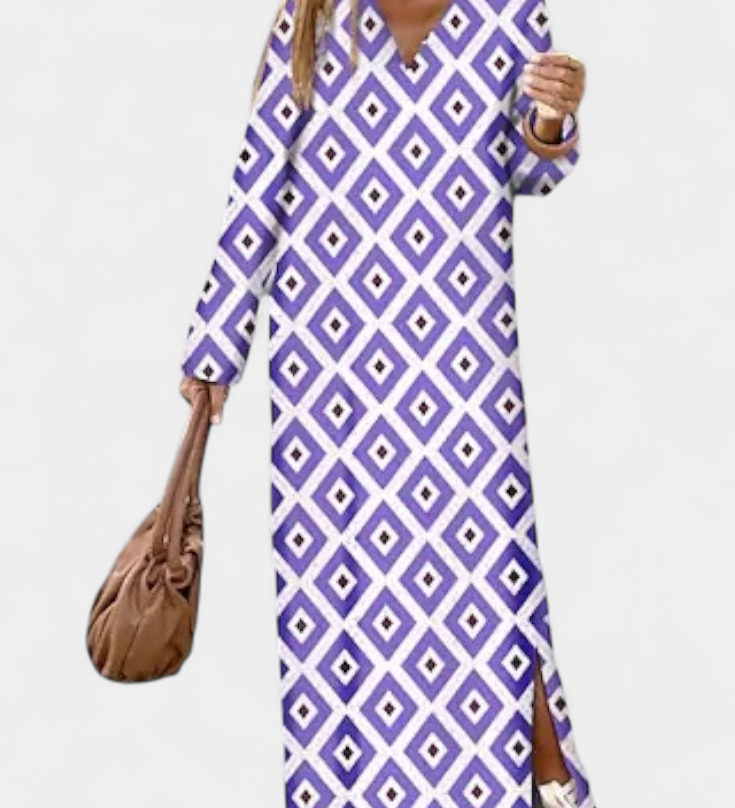 Long Geometric Breeze Dress with Side Split and V-Neck