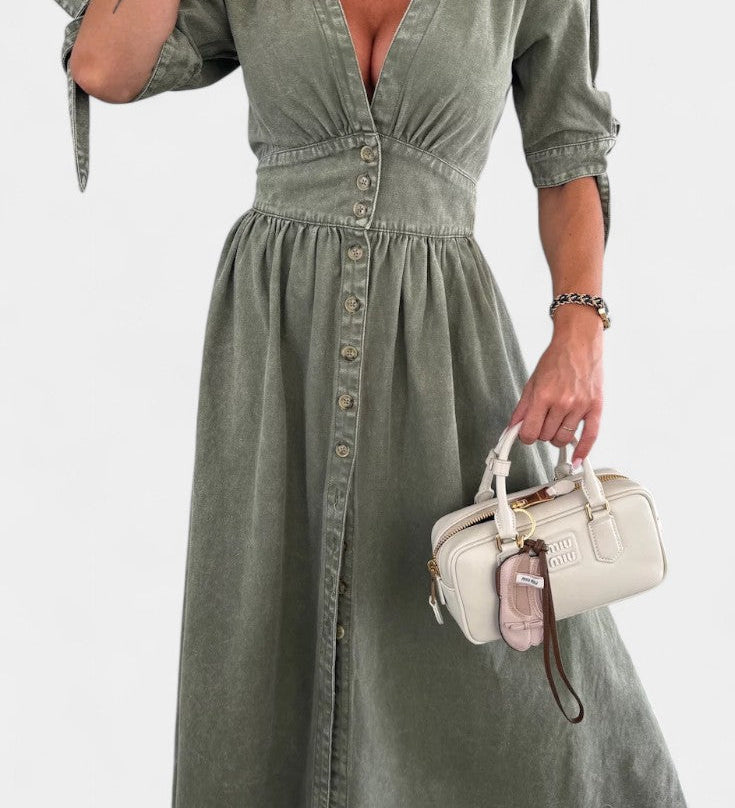 Adelina Denim Midi Dress with Buttons and V-Neck