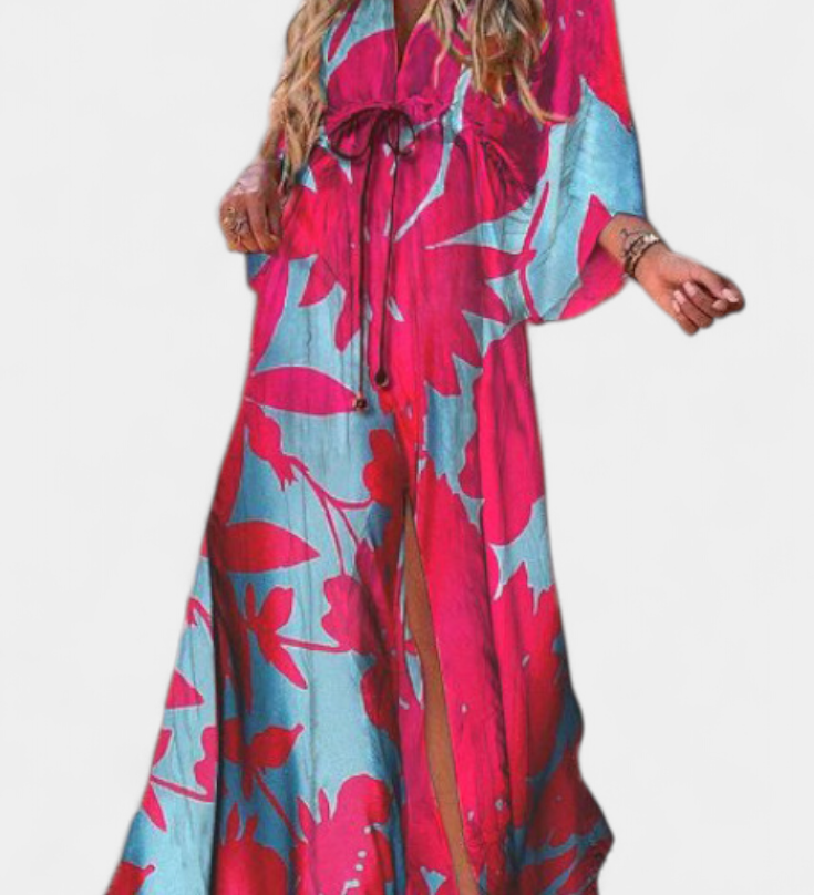 Joelle Rainbow Maxi Dress with V-Neck and Batwing Sleeves