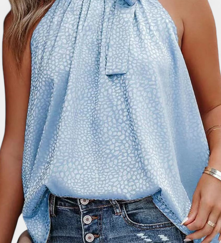 Adela Leopard Print Sleeveless Top with High Neck and Bow