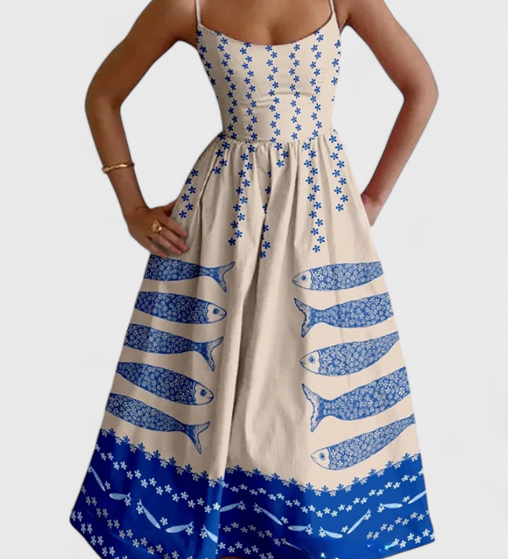 Maricela Vintage Dress with Straps and Sardine Print