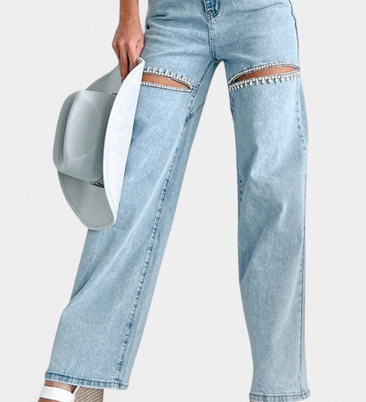 Evian Ripped Straight-Leg Jeans with Rhinestones