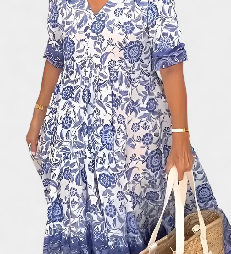 Elcira Bohemian Floral Dress with V-Neck and Ruffles