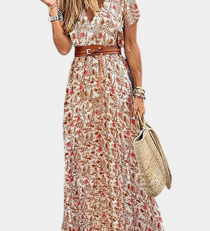Anfisa Summer Boho Dress with Belt and V-Neck
