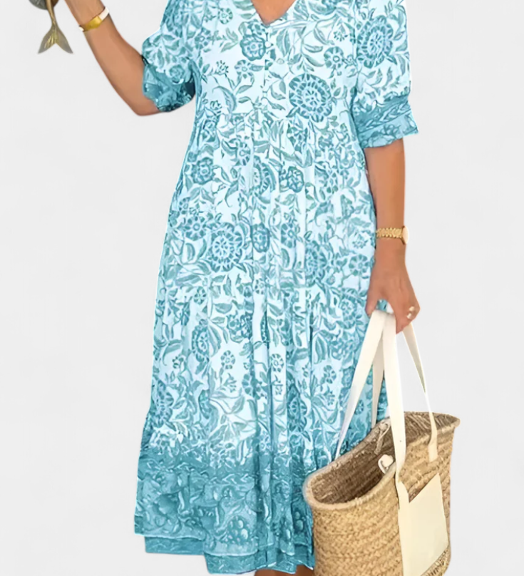 Elcira Bohemian Floral Dress with V-Neck and Ruffles