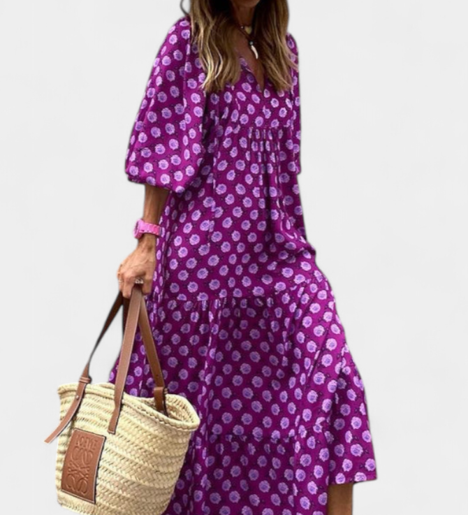 Aroa Boho Dress with Artistic Print and Flowing Silhouette