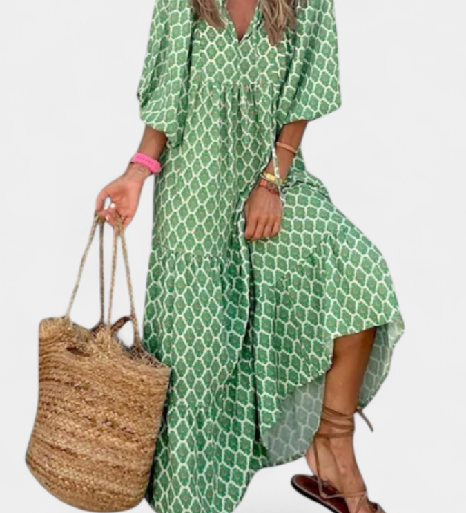 Aroa Boho Dress with Artistic Print and Flowing Silhouette