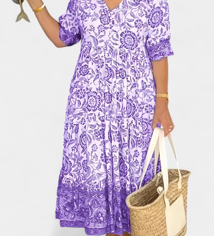 Elcira Bohemian Floral Dress with V-Neck and Ruffles